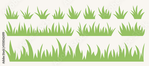 Green grass seamless pattern. Collection of vector illustrations with grass border and icons in flat style isolated on white background.