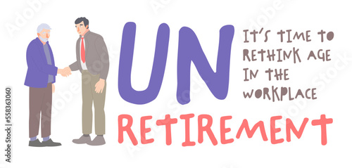 Unretirement concept. Old man has a new job. Horizontal poster.