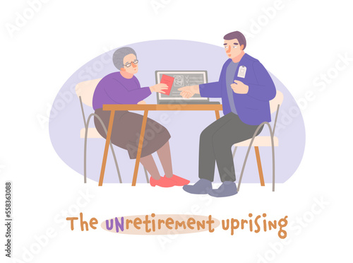 Unretirement concept. Old woman at job interview. Horizontal poster.