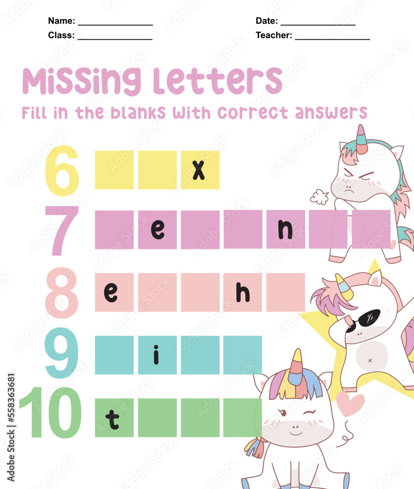 Missing letters worksheet. Complete the letters of the numbers in English. Kids educational game. Printable worksheet for preschool. Writing practice. Cute unicorn vector illustration file. Missing letters worksheet. Complete the letters of the numbers in English. Kids educational game. Printable worksheet for preschool. Writing practice. Cute unicorn vector illustration file.