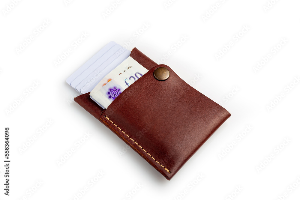 Brown leather wallet with blank cards and money, isolated on white background Brown leather wallet with blank cards and money, isolated on white background