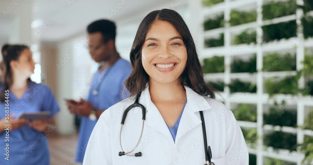 Face, woman or happy doctor with goals, medical experience or healthcare knowledge in office building. Portrait, employee or female worker smiles with pride, mission or vision for success in hospital Face, woman or happy doctor with goals, medical experience or healthcare knowledge in office building. Portrait, employee or female worker smiles with pride, mission or vision for success in hospital