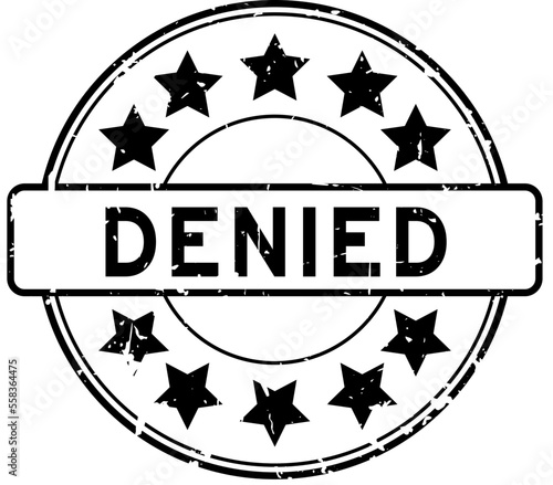 Grunge black denied word with star icon round rubber seal stamp on white background