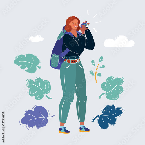 A female photographer holds a camera and takes a picture. Tourist and blogger. Vector flat illustration