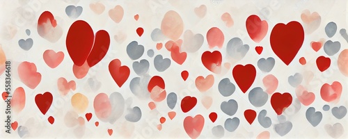 Panorama of an aquarel with red hearts.