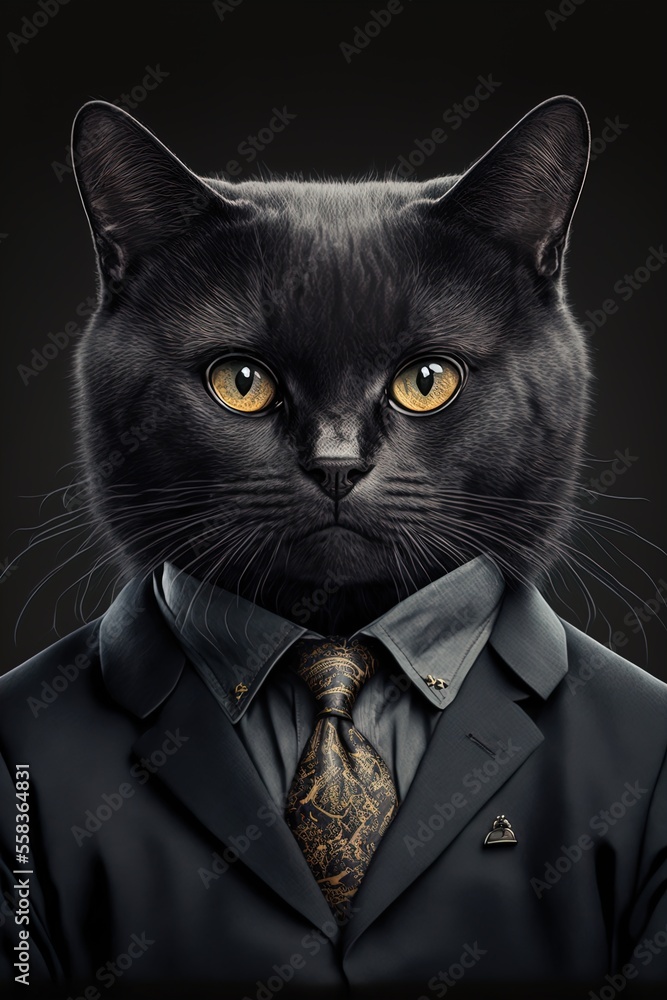 Portrait of a cat in a business suit. Pet portrait in clothing. Generative AI. Portrait of a cat in a business suit. Pet portrait in clothing. Generative AI.