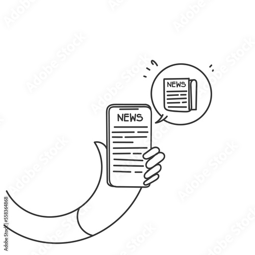 hand drawn doodle reading news on mobile phone illustration vector