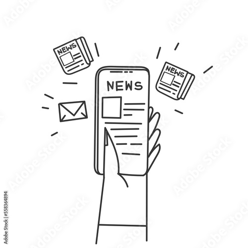hand drawn doodle reading news on mobile phone illustration vector
