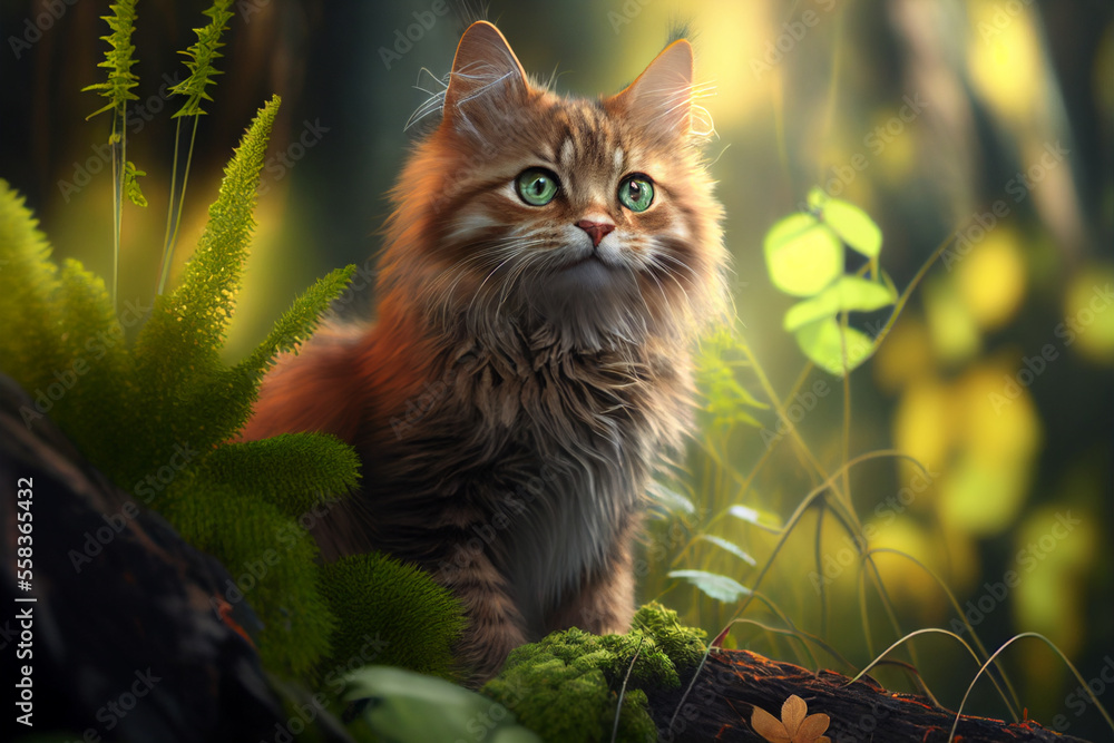 A lovely cat is standing in the forest. Generative AI.