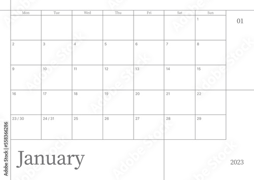 January 2023 simple design digital and printable calendar template illustration. Notes, scheduler, diary, calendar, memo, planner document template background. 