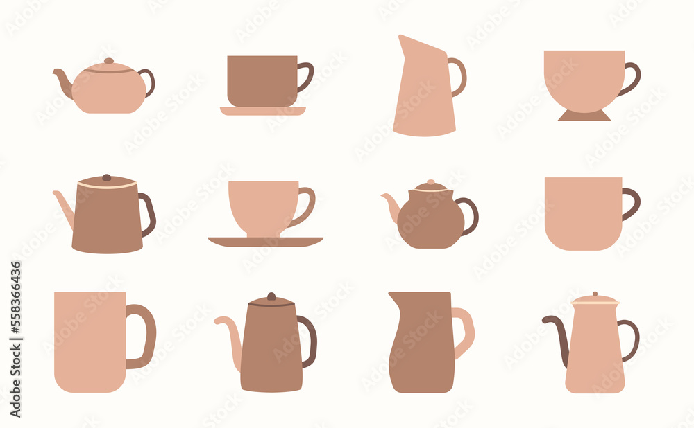 Tea ceremony ceramic cups, teapots, mugs , tea milk and coffee cups doodle set Tea ceremony ceramic cups, teapots, mugs , tea milk and coffee cups doodle set