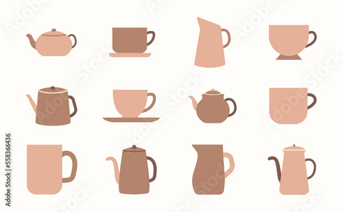 Tea ceremony ceramic cups, teapots, mugs , tea milk and coffee cups doodle set