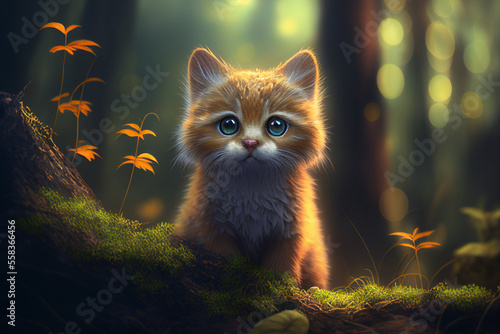 A lovely cat is standing in the forest. Generative AI. © UIMEGA