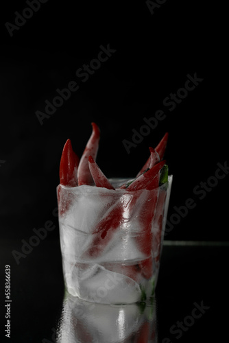 hot red chili pepper frozen in ice and smoke around on black and mirror background