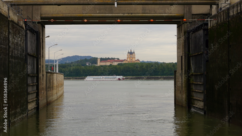 Chember lock with cruise ship on river Danube in Melk, Austria