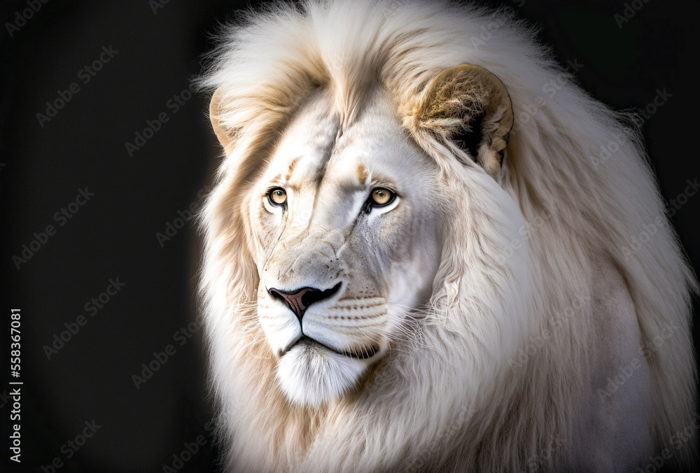 Lion king , Portrait of majestic white lion on black background