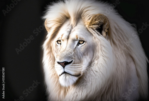 Lion king   Portrait of majestic white lion on black background