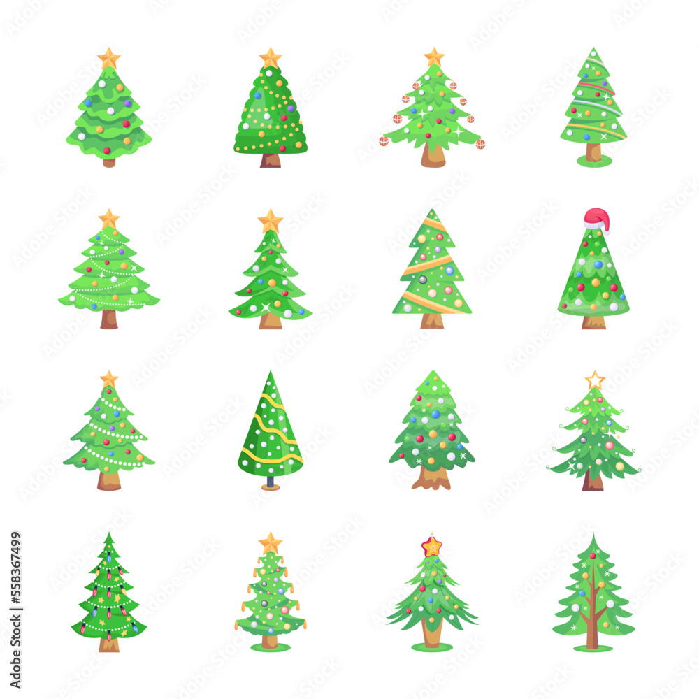 Pack of Christmas Trees Flat Illustrations 

