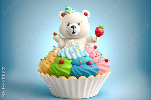 Cuddly Teddy Bear on Vibrant Cupcake: Perfect Blend of Playfulness & Sweet Delight. Ideal for Kids & Festive Themes. geneteativve ai