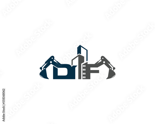 Letter DF Building With Excavator Logo Design Concept. Creative Excavators, Construction Machinery Special Equipment Vector Illustration.