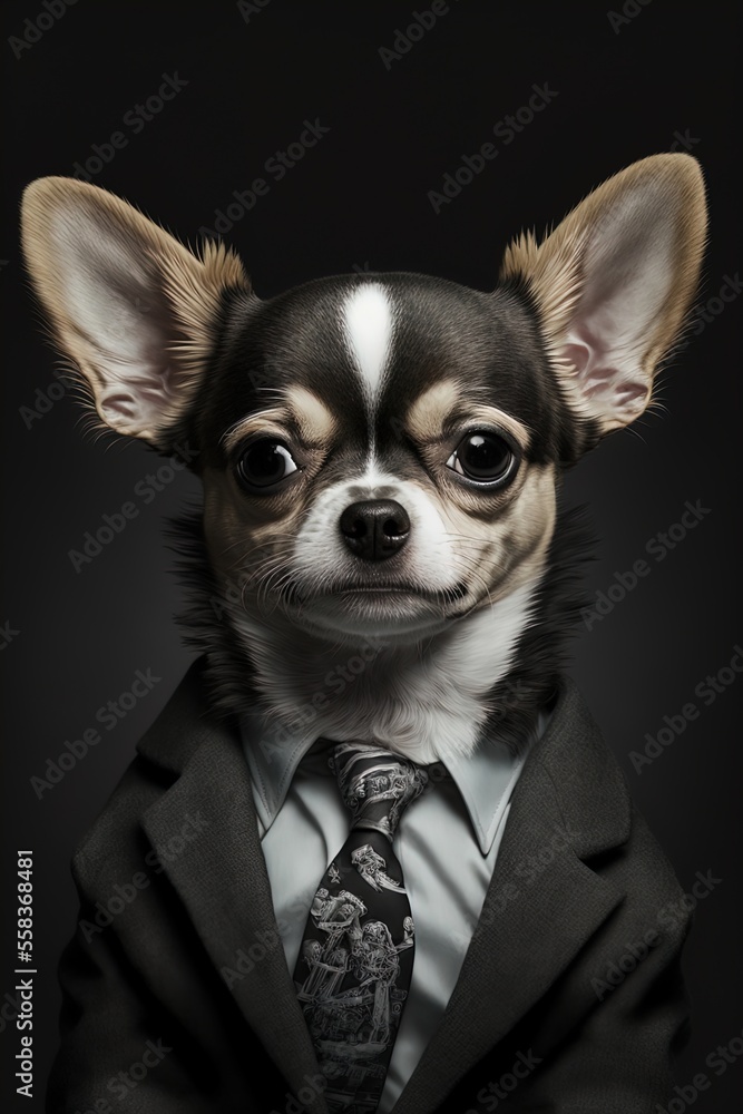 Portrait of a dog in a business suit. Pet portrait in clothing. Chihuahua. Generative AI.