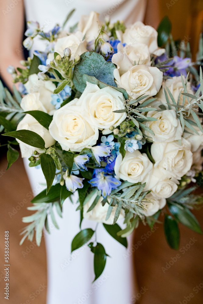Wedding flowers bouquet bridal rose eucalyptus centaurea forget-me-not marriage decoration ceremony 