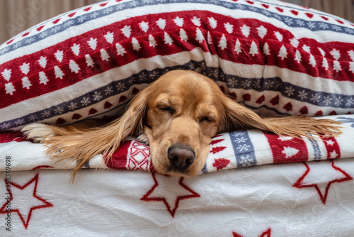 Photography The beagle dogs head is in a stack of blankets and pillows with Christmas pictures