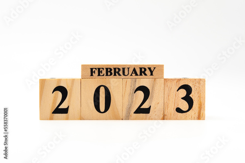 February 2023 written on wooden blocks isolated on white background with copy space