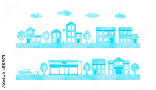 watercolor cityscape silhouette for background (blue)