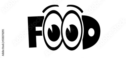 Cartoon slogan foof. For world food day on october, celebrated to ensure healthy food for all and global awareness for those who suffer from hunger. cooking with drawing eye, iris and eyelash. 