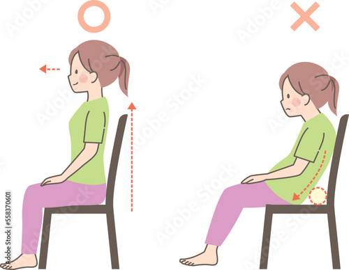 椅子に座る女性の良い姿勢と悪い姿勢の比較
