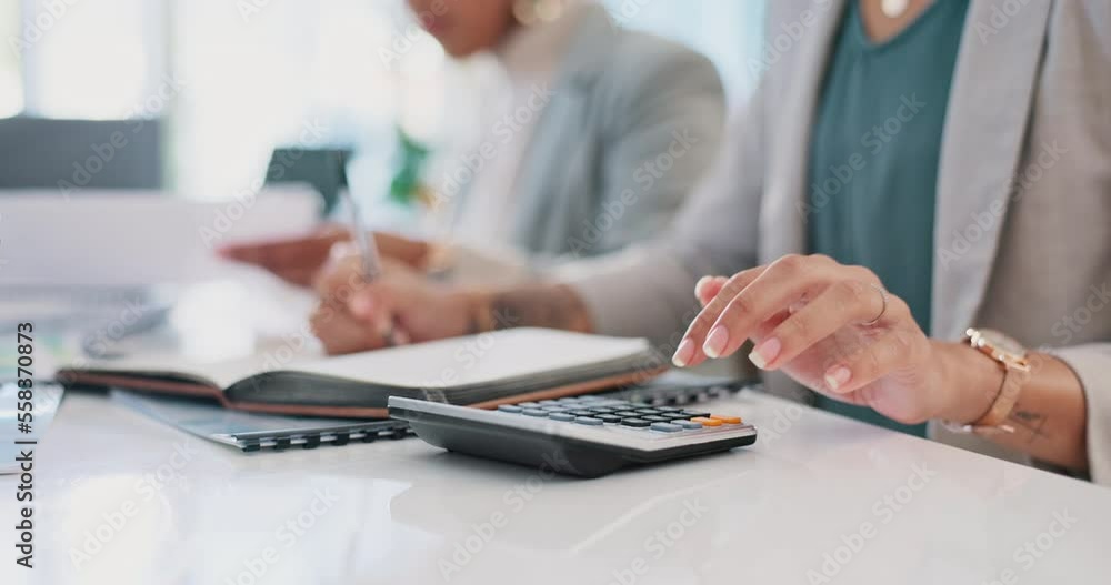 Calculator, finance and accountant woman, hand and budget for financial report, business audit and tax accounting in office. Notebook, professional, workout company savings and profit in investment. Calculator, finance and accountant woman, hand and budget for financial report, business audit and tax accounting in office. Notebook, professional, workout company savings and profit in investment.