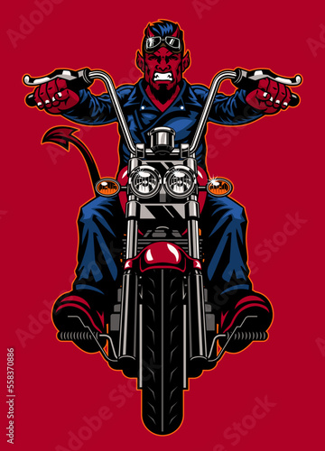 Devil Biker Wearing Leather Jacket and riding the Vintage Motorcycle