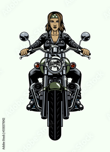 Lady Biker Riding Old Motorcycle in Front View Angle