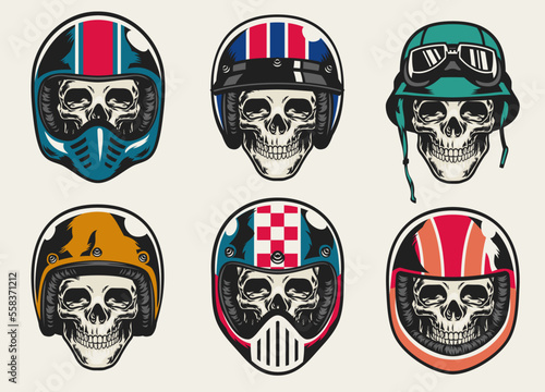 Set of Vintage Skull Wearing Helmet