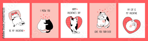 Hand drawn collection romantic greeting cards and posters with cute cats for Valentine's Day and Love