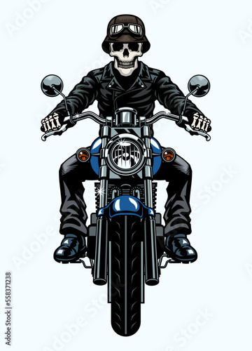 Skull Riding Vintage Motorcycle Front Side Angle