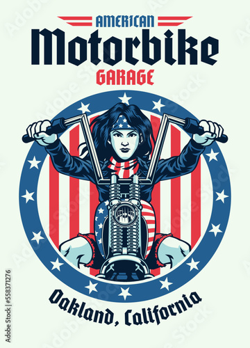 Vintage T-Shirt Design American Woman Biker Riding Chopper Motorbike
