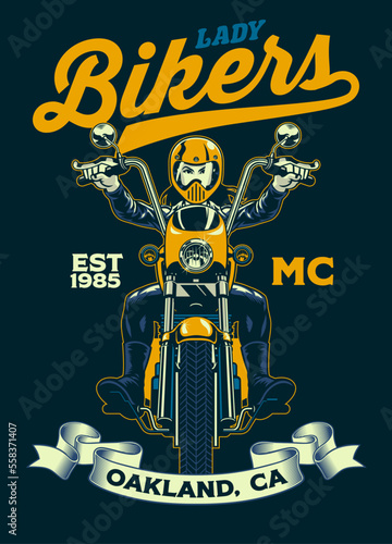 Vintage T-shirt design of Lady Biker of Motorcycle Club