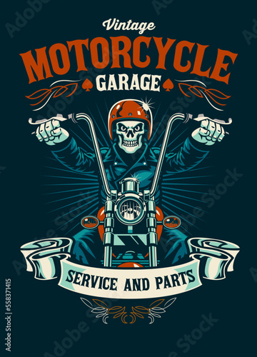 Vintage T-shirt design of Motorcycle Garage With Skull Biker Mascot