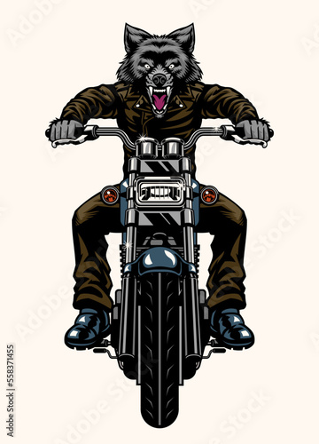Wolf Biker Ride The Motorcycle in Front View Angle