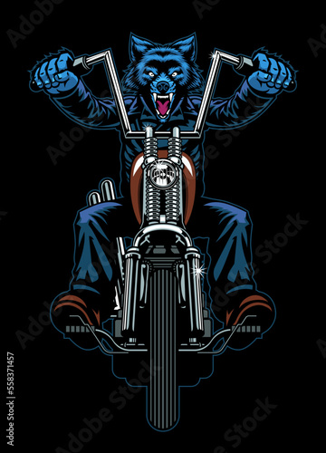 Wolf Mascot Biker Riding Vintage Chopper Motorcycle