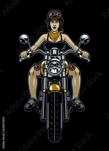 Woman Biker Riding the Old Motorcycle in front View Angle