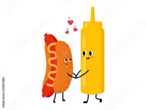 Сute Hot Dog and bottle of mustard falling in love. Love and Valentine's Day concept. Illustration isolated on white background.