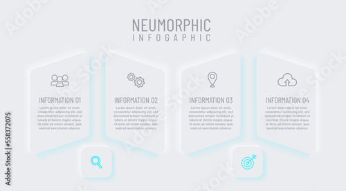 Newmorphic infographic design template. Modern vector illustration for business presentation, minimal white tone, Concept of 4 steps of business development process.