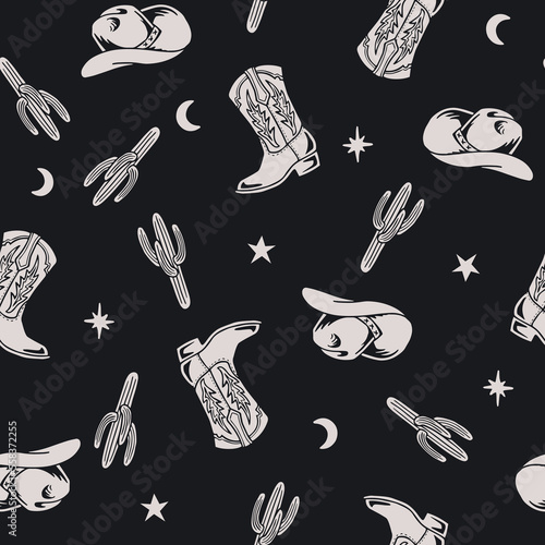 Western Theme Vector Seamless Pattern. Cactus, Cowboy Seamless Repeat Design. Boho Seamless Pattern.