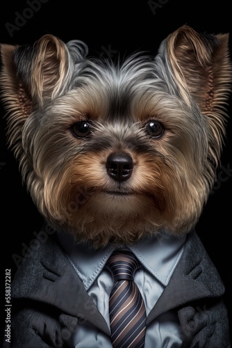 Portrait of a dog in a business suit. Pet portrait in clothing. Yorkshire Terrier. Generative AI.