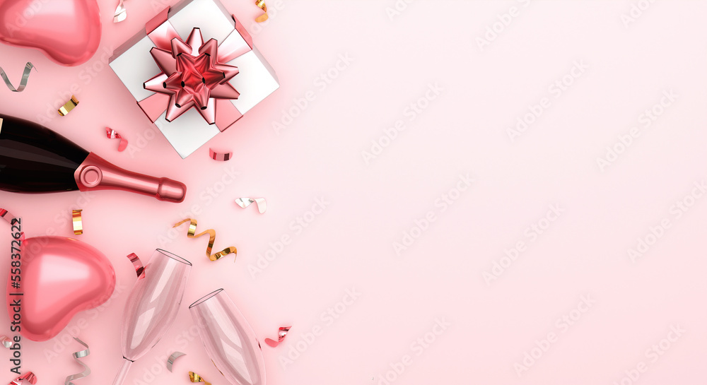 Happy Valentines day background with text copy space with realistic heart balloon, champagne and rose gold confetti. Top view. 3D rendering illustration Happy Valentines day background with text copy space with realistic heart balloon, champagne and rose gold confetti. Top view. 3D rendering illustration