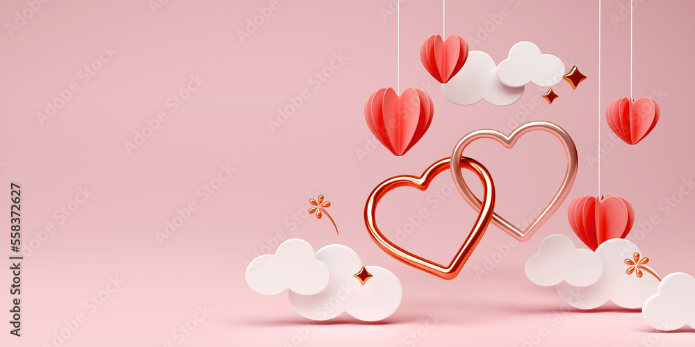Happy Valentine's day poster with copy space. Beautiful paper cut white clouds with luxury couple bangle heart on pink background. 3D rendering illustration Happy Valentine's day poster with copy space. Beautiful paper cut white clouds with luxury couple bangle heart on pink background. 3D rendering illustration