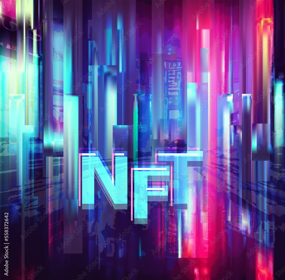 Abstract NFT illustration with futuristic neon glow resembles a cityscape in cyberpunk style, featuring text in center. Raster technology graphic art.